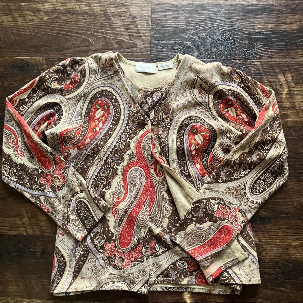 Neiman Marcus 100% cashmere paisley bandana print shell tank cardigan set large